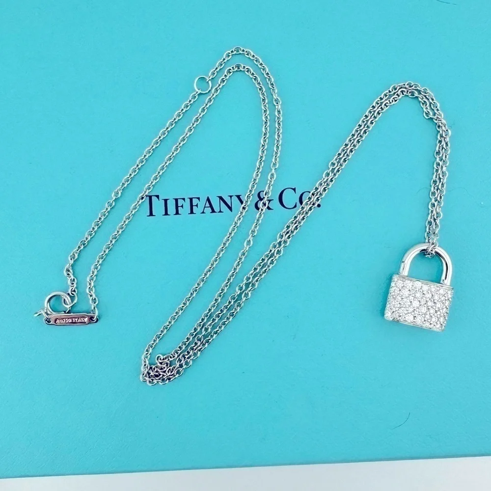 RARE Tiffany & Co. 18k Pave 💎 Diamond Padlock Necklace White Gold - Picture 3 of 9
